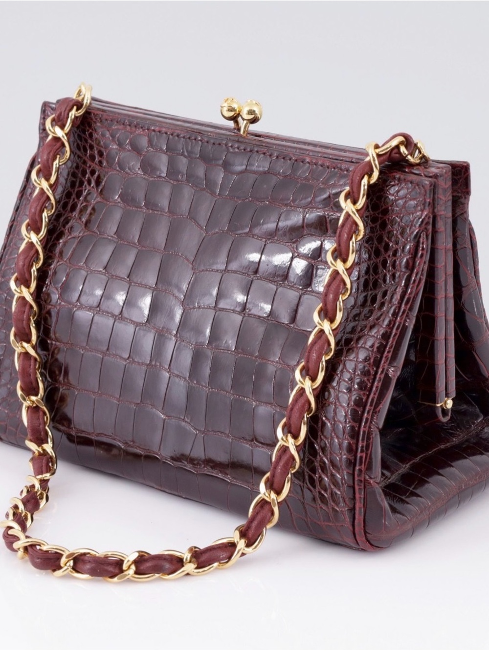 Chanel Vintage Bordeaux Crocodile Kisslock Evening Bag